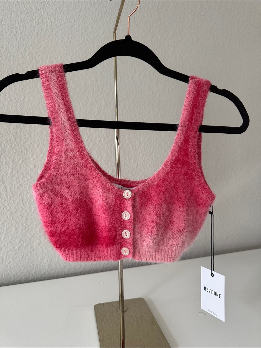 Re/Done Pink Ombre Fuzzy Button-Front Cropped Tank